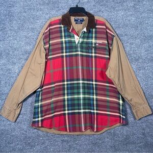 Vintage Polo Sport Men’s Large Brown Plaid Flannel Shacket Corduroy Collar Shirt